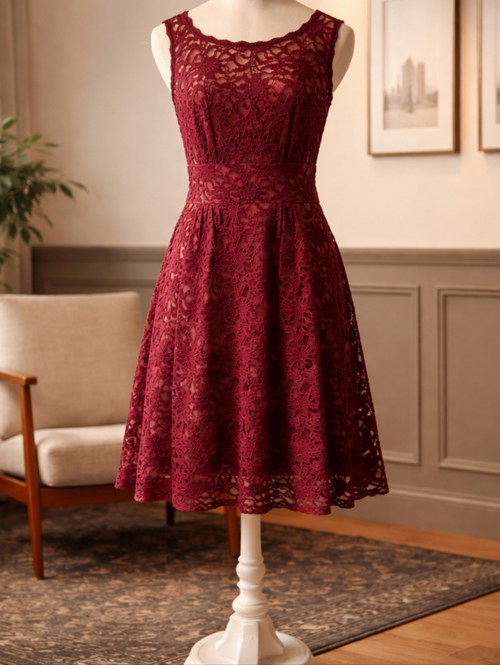 Sleeveless Lace Midi Dress in Wine